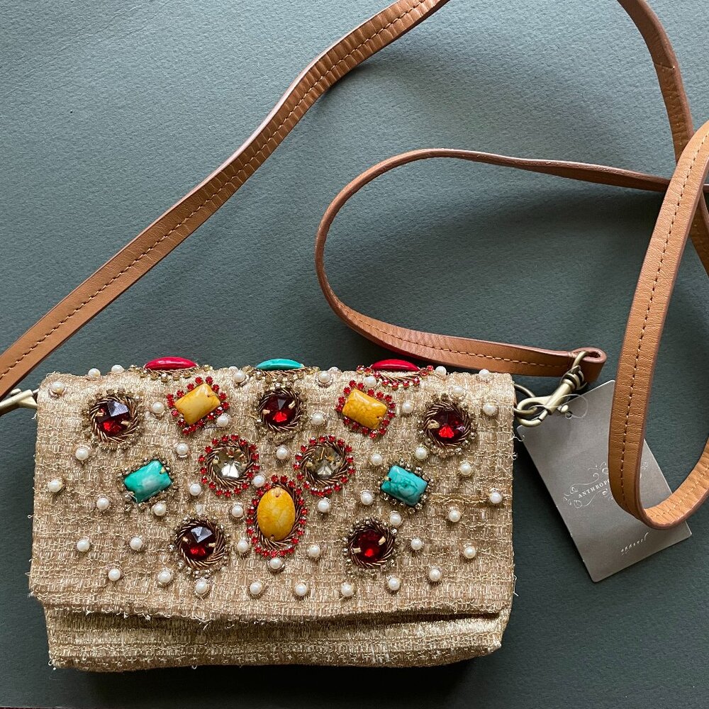 NWT Anthropologie Jasper & Jeera Beaded Embellished Golden Clutch Crossbody